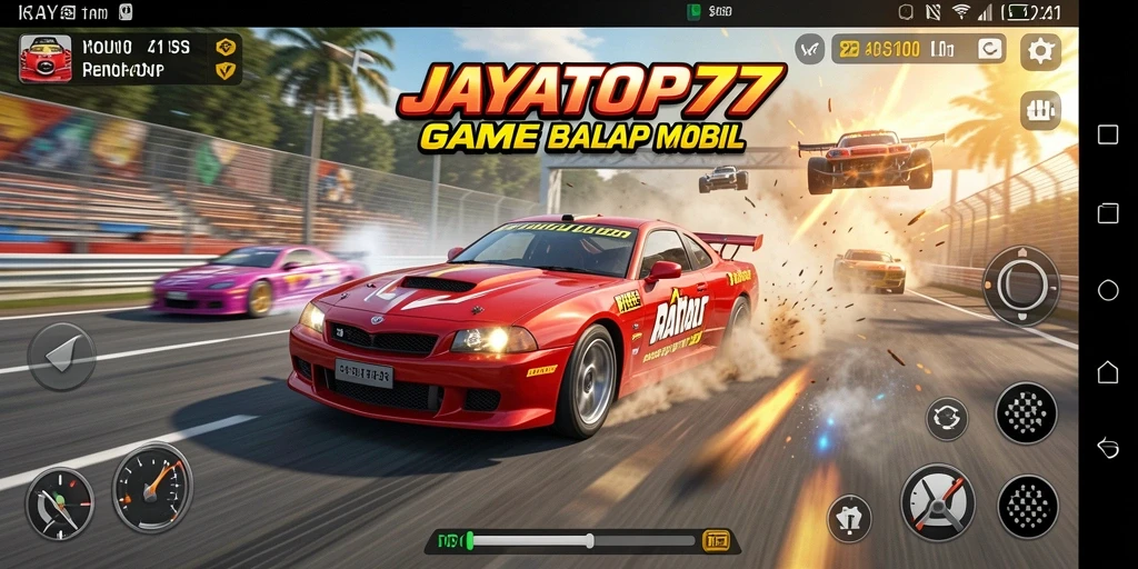 Tampilan utama JAYATOP77 menampilkan aksi balapan yang intens dan mobil-mobil keren.
