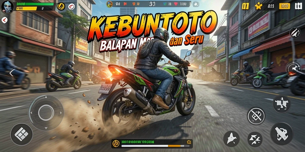 Tampilan gameplay KEBUNTOTO yang seru dan penuh aksi balapan motor.