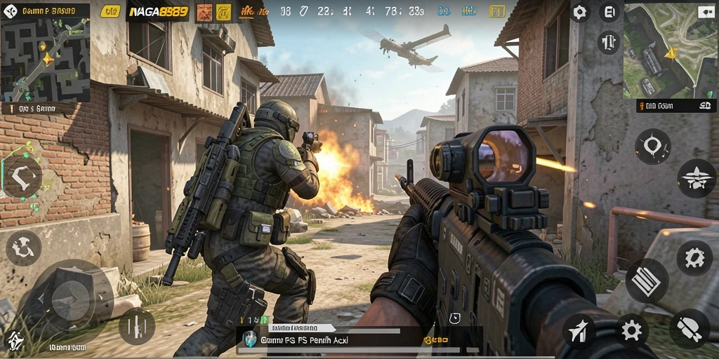 Screenshot menunjukkan aksi menembak intens dari game FPS NAGA889.