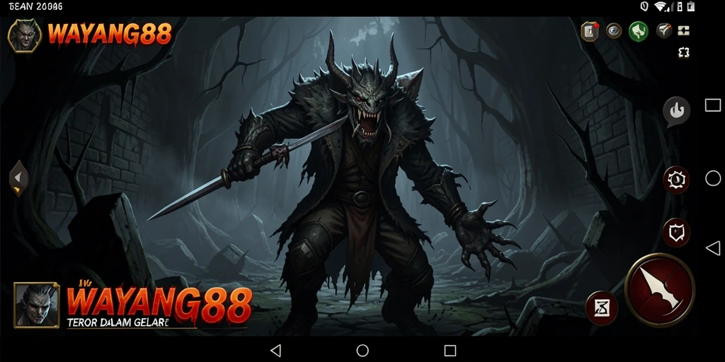 Tangkapan layar mendebarkan dari gameplay WAYANG88 menunjukkan keangkeran suasana horor.